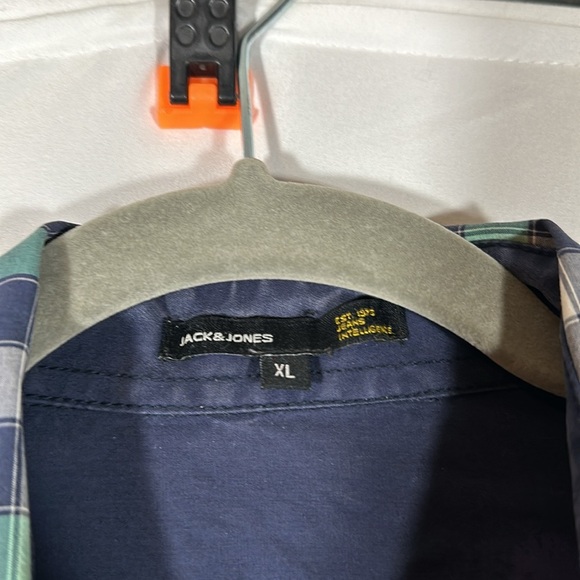 Jack & Jones Blue, Green & White Checkered Plaid Long Sleeve Button Down Shirt - Picture 7 of 8
